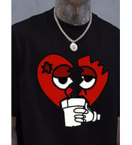 Unisex Kırık Kalp bardak Baskılı Oversize Tshirt (Siyah)