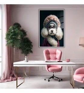 Metal Çerçeveli Temperli Cam Tablo Süslü Şapkalı Terrier (Gümüş)
