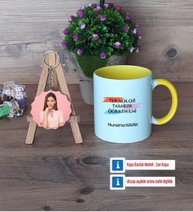 Teknoloji ve Tasarım Öğretmeni Kupa Bardak Beyaz ve Fotoğraflı Ahşap Anahtarlık Hediye (Model 7)