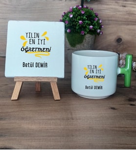 Yılın En İyi Öğretmeni Hediye Seti Kupa Bardak T Kulplu ve Dekoratif Taş Öğretmenler Günü Hediyesi (Model 8)
