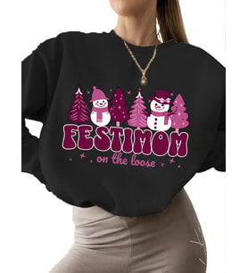 Sweatshirt kalın Sweatshirt Noel anne tasarımı Baskılı Bej kadın bisiklet yaka unisex 3 iplik (Siyah)