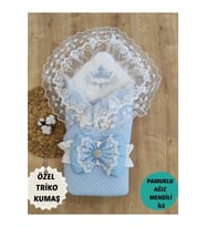 Triko Örg Haki Bebek Kundağı Unisex Bebek Dış Kundak Battaniyesi Hastane Çıkışı Kundak Battaniye (Mavi)