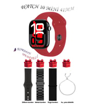 Samsung Galaxy M33 Uyumlu Açık Mavi Akıllı Saat Watch 10 Mini Kordon Hediyeli AMOLED EKRAN 41MM (Siyah - Kırmızı) (Siyah-Kırmızı)