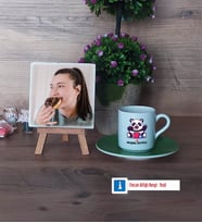 Sevimli Panda Fotoğraflı Dekoratif Taş, Ahşap Altlıklı Türk Kahvesi Fincanı Hediye (Model 9)