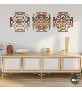 Ahşap Yaşam Çiçeği Sri Yantra Torus Nefesi Üçlü Dekoratif Tablo Duvar Süsü Ev Hediyesi 30 cm (Ceviz)