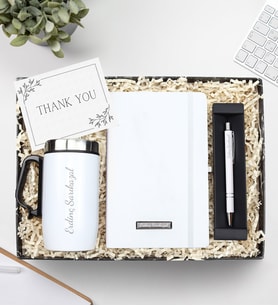 Defter & Kişiye Özel Kulplu 280 ML Çelik Termos & Gümüş Renk Detaylı Tükenmez Kalem Hediye Seti (Beyaz)