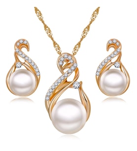 Zirkon Taşlı,  İnci Altın Kaplama(18GP) , Gümüş  Kolye, Küpe ,Takı Seti Ahşap Kutu (Gold)