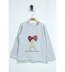 Toontoy Kız  Çocuk Tişört Paris Baskılı ( Gri-Melanj)
