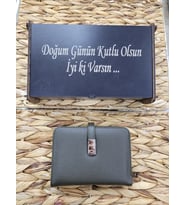 Hky İsme Özel Büyük Boy Ahşap Kutulu Kadın Cüzdan (Haki)