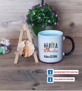 Harita Mühendisi Kupa Bardak Beyaz ve Fotoğraflı Ahşap Anahtarlık Hediye (Model 9)