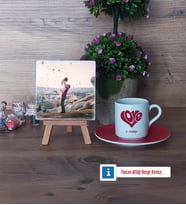 Sevgiliye Hediye Fotoğraflı Dekoratif Taş, Ahşap Altlıklı Türk Kahvesi Fincanı Hediye (Model 3)