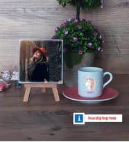 Unicorn Fotoğraflı Dekoratif Taş, Ahşap Altlıklı Türk Kahvesi Fincanı Hediye (Model 6)