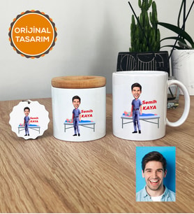 Kişiye Özel Karikatürlü Fizyoterapist Hediye Seti Kupa Bardak, Kalemlik, Anahtarlık Erkek Fizyoterapiste Tıp Bayramı Hediyesi (Beyaz)