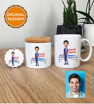 Kişiye Özel Karikatürlü Fizyoterapist Hediye Seti Kupa Bardak, Kalemlik, Anahtarlık Erkek Fizyoterapiste Tıp Bayramı Hediyesi (Beyaz)