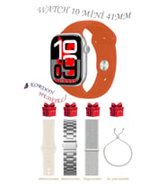 Samsung Galaxy M21 Uyumlu Açık Mavi Akıllı Saat Watch 10 Mini Kordon Hediyeli AMOLED EKRAN 41MM (Gümüş - Turuncu)