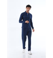 Erkek Iki Iplik Sweatshirt Düğmeli Polo Yaka Uzun Kollu T-shirt Alt-üst Takım - 7628 (Açık Lacivert)