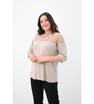 Kadın Büyük Beden Kadife Tül Detaylı Bluz 1856-2 (Vizon)