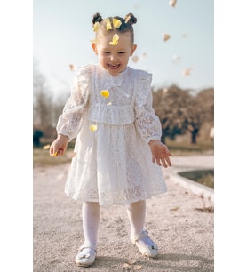Kız Bebek Elbise Kız Çocuk Elbise Doğum Günü Parti Düğün Elbise Uzun Kol Astarlı Dantelli Bebek Giyim (Beyaz)