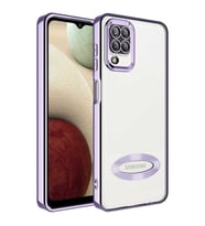 Samsung Galaxy M12 Kılıf Case, Logo Showing Serisi, Şeffaf, Kamera Korumalı, Logo Gösteren Renkli Çizgi Tasarım (Lila)
