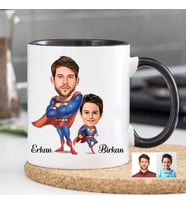 Süper Baba Ve Süper Çocuk Karikatürlü Kupa Bardak (Siyah)