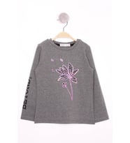 Toontoy Kız Çocuk Çiçek Nakışlı T-Shirt (Antrasit Melanj)