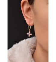 Papatya Silver 925 Ayar Gümüş Gold Kaplama Zirkon Taşlı Plumeria Halka Küpe (Pembe)
