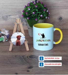Jandarma Kupa Bardak Beyaz ve Fotoğraflı Ahşap Anahtarlık Hediye (Model 7)