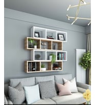 Kitaplık Modern Duvar Rafı Salon Yatay 4 Lü Takım Siyah Beyaz (Beyaz-Gri)