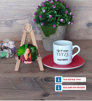 Teyzeye Doğum Günü Hediyesi Türk Kahvesi Fincanı Ahşap Altlıklı ve Fotoğraflı Ahşap Anahtarlık Hediye (Model 3)