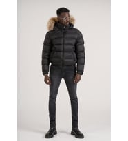 Slimfit Kürklü Kapşonlu (Kürk ve Kapşon Çıkmalı) Beli Lastikli Şişme Mont (Siyah)