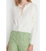Kadın Modern Tarz Regular Bisiklet Yaka Crop Triko Hırka (Ekru)