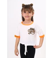 Toontoy Kız Çocuk Önü Bağlama Detaylı Baskılı Tişört (Ekru)