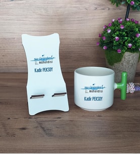 Su Ürünleri Mühendisi Hediye Sepeti Kupa Bardak T Kulplu ve Ahşap Telefon Standı Mühendisler Günü Hediyesi (Model 8)