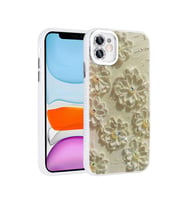 iPhone 11 Kılıf Çiçek Desenli Parlak Taşlı Sert Silikon Garden Kılıf (Beyaz)