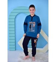 Yeni Sezon Erkek Çocuk Gez Garson Basketball Uzun Kollu Pamuk Penye Pijama Takımı 5060 (İndigo)