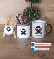 Erkek Kuaförü Hediye Sepeti Kalemlik, Kupa Bardak Sihirli, Ahşap Anahtarlık Hediye (Model 1)