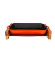 Lava Döküm Dikdörtgen Rosto ve Fırın Tepsisi Kayın Servis Ahşabı Döküm Demir Yekpare Çift Kulplu Ölçü 22x30cm. (Turuncu)