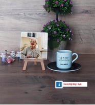 Anneanneye Hediye Fotoğraflı Dekoratif Taş, Ahşap Altlıklı Türk Kahvesi Fincanı Hediye (Model 7)