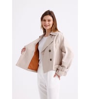 %100 Pamuk Gabardin Astarlı Oversize Geniş Kalıp Kadın Crop Kısa Trençkot 1122 (Taş)