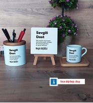 Arkadaşa Hediye Hediye Seti Dekoratif Taş, Kalemlik, Ahşap Altlıklı Türk Kahvesi Fincanı Hediye (Model 1)