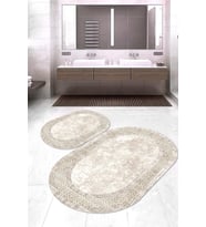 Dijital Baskılı Kaymaz Taban Yıkanabilir Oval 2'li Klozet Takımı Banyo Paspası NOKZ-SD-663 (Krem)