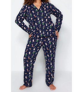 Tarz Rahat Büyük Beden Uzun Kollu Boru Paça Yılbaşı Temalı Örme Pijama Takımı (Lacivert)