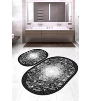 Dijital Baskılı Kaymaz Taban Yıkanabilir Oval 2'li Klozet Takımı Banyo Paspası NOKZ-SD-1020 (Siyah)