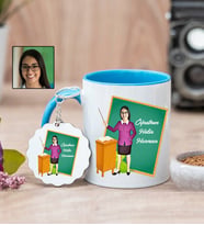 Bayan Öğretmen Karikatürlü Kupa Bardak ve Anahtarlık (Mavi)