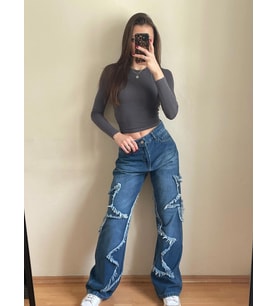 PASS&PASS 2501 Kadın Büyük Yıldız Baskılı Bagy Big Stars model Kot Denim Pantolon (Mavi)