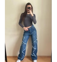 PASS&PASS 2501 Kadın Büyük Yıldız Baskılı Bagy Big Stars model Kot Denim Pantolon (Mavi)