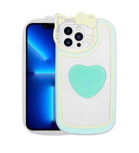 Uyumlu Model Apple iPhone 13 Pro Kılıf Kedi Figürlü Pop Soketli Kapak (Turkuaz)