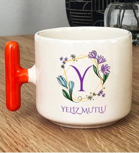 Kişiye Özel Çiçekli Y Harfli Hediye T Kupa Bardak İsim Soyisim Yazılı (Turuncu)