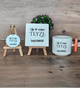 İyi Ki Varsın Teyze Hediye Seti Kupa Bardak T Kulplu, Dekoratif Taş, Anahtarlık Teyzeye Doğum Günü Hediyesi (Model 7)