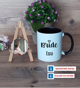 Bride Kupa Bardak Beyaz ve Fotoğraflı Ahşap Anahtarlık Hediye (Model 11)